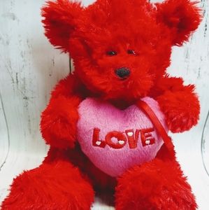 Love Valentines Day 11" Red Fuzzy Teddy Bear Plush w/Red Bow & Pink 💗 Pillow